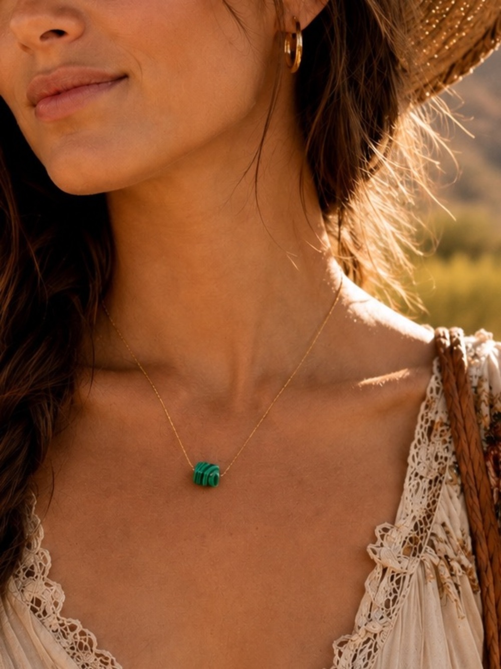💚 Natural Malachite Necklace Green Gemstone 18K Gold-Plated Boho Pendant ✨ - Picture 2 of 4